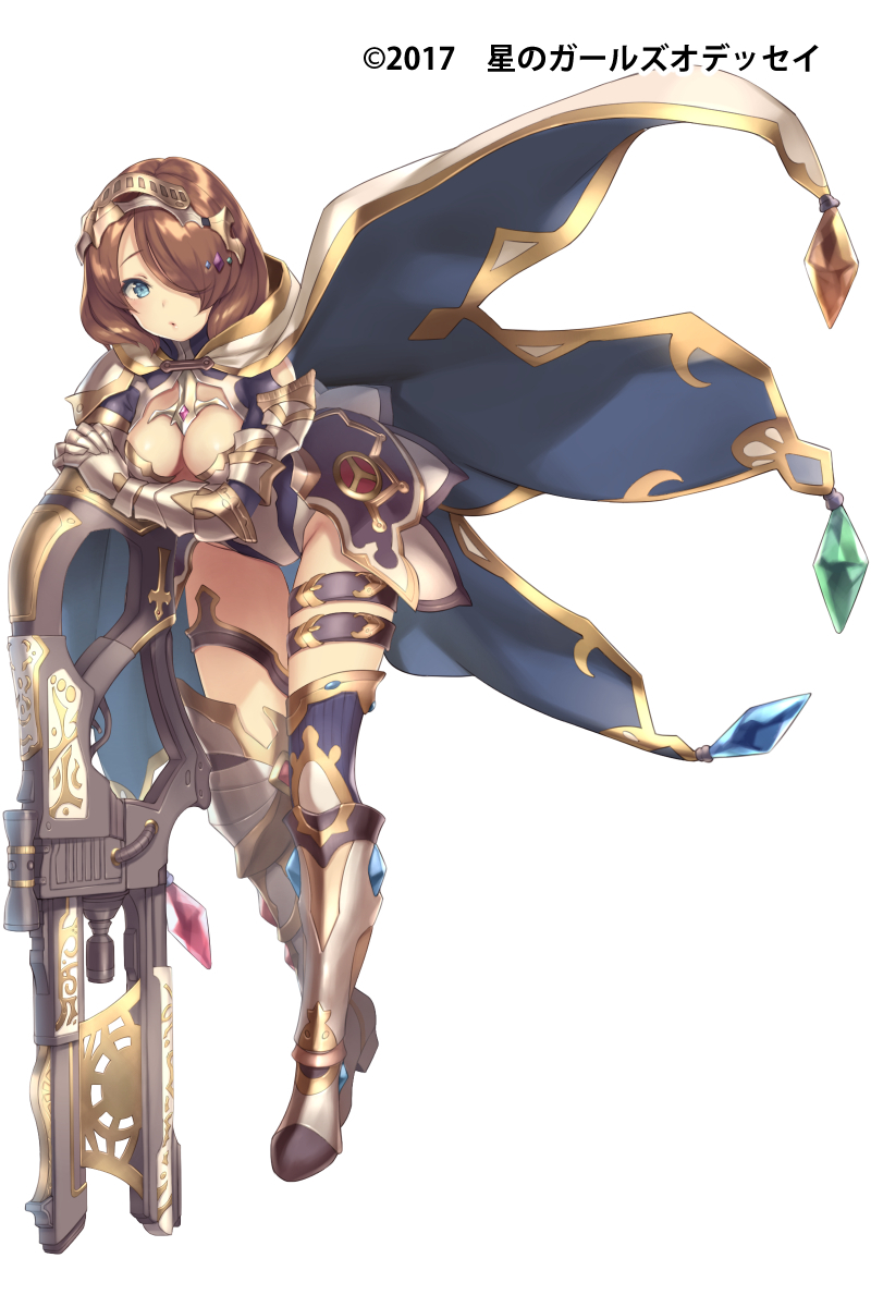 2017 armor asymmetrical_legwear blue_eyes boots breasts brown_hair cape cleavage copyright_name full_body gauntlets gloves gun hair_over_one_eye hestia_(hoshi_no_girls_odyssey) highres hood hoshi_no_girls_odyssey knee_boots leaning_forward leotard looking_at_viewer medium_breasts metal_boots official_art pokachu short_hair simple_background single_thighhigh solo standing thigh_gap thighhighs thighlet tiara weapon white_background white_leotard