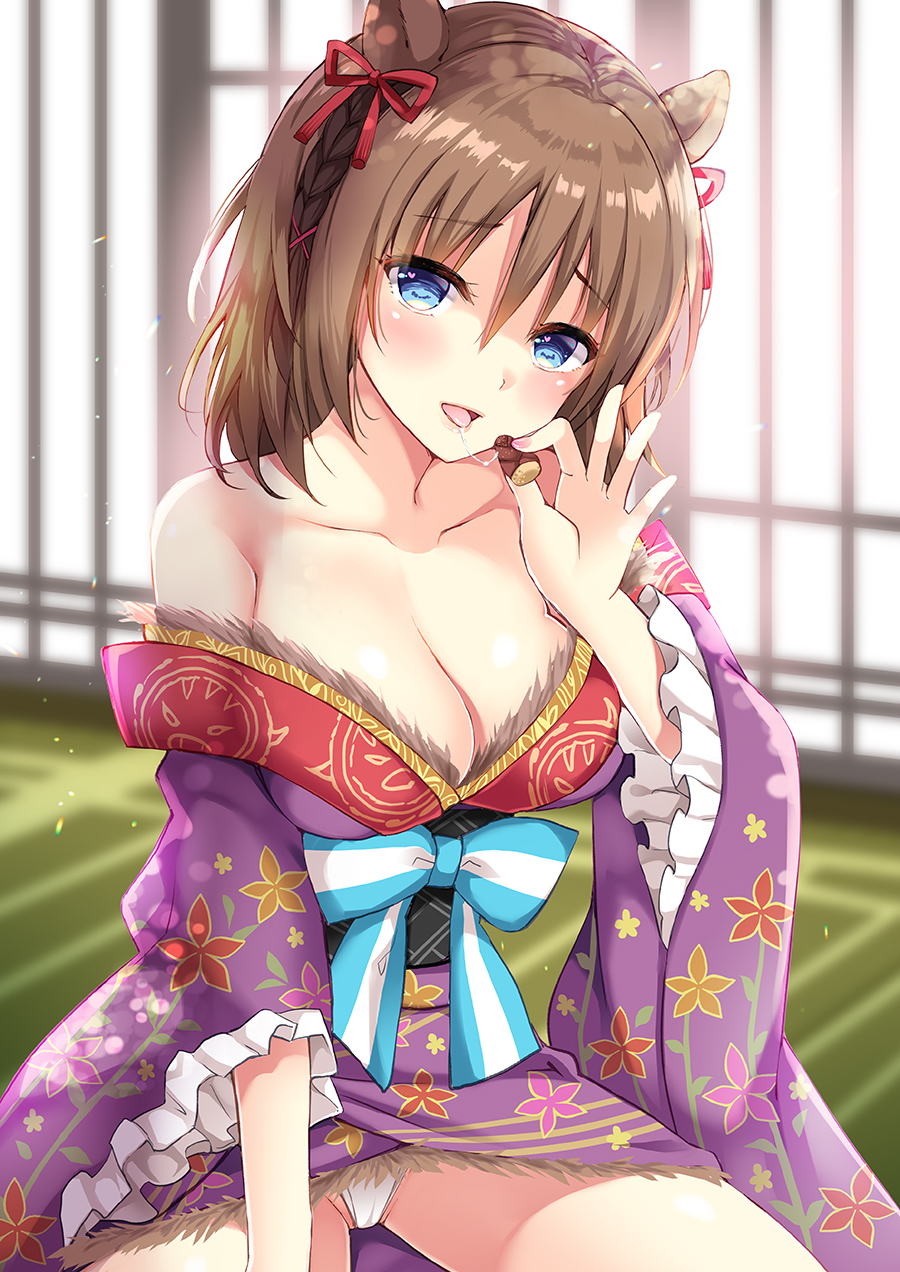 1girl animal_ears bare_shoulders blue_bow blue_eyes boar_ears bow breasts brown_hair cleavage collarbone commentary_request floral_print food frilled_sleeves frills hair_ornament hair_ribbon head_tilt highres holding holding_food ikura_nagisa indoors japanese_clothes kimono kimono_pull long_sleeves looking_at_viewer medium_breasts nail_polish obi off_shoulder on_floor open_mouth original panties pink_nails print_kimono purple_kimono red_ribbon ribbon saliva saliva_trail sash shiny shiny_hair short_hair sitting solo tatami tongue tongue_out underwear white_panties wide_sleeves x_hair_ornament
