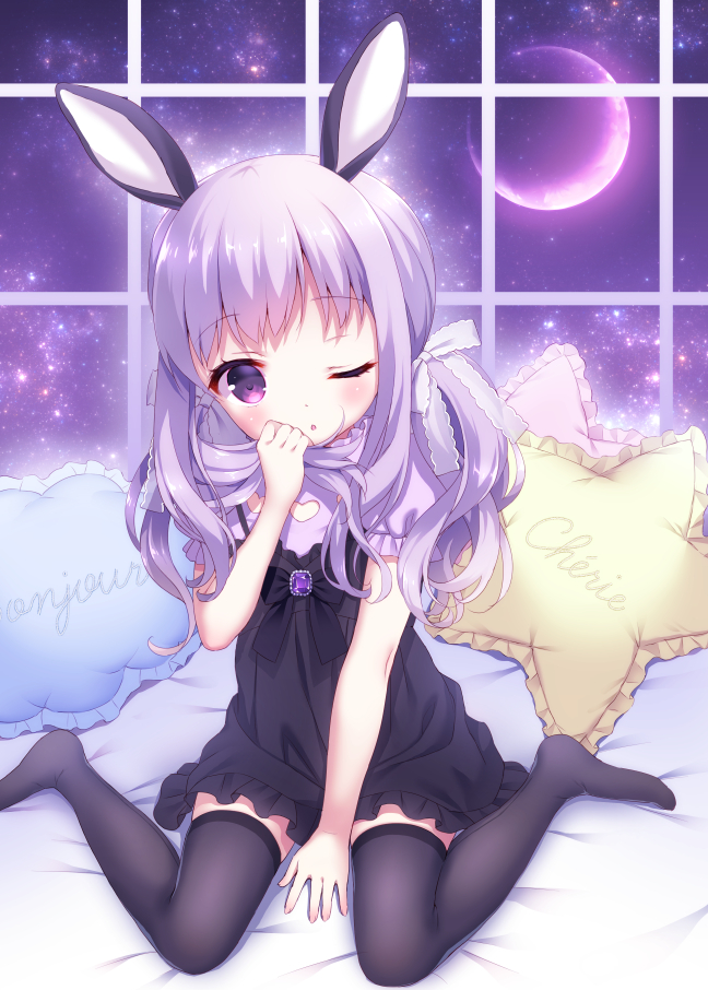 animal_ears between_legs blush bunny_ears chestnut_mouth chitosezaka_suzu commentary_request crescent_moon cursive french hair_ribbon hand_between_legs holding holding_hair long_hair moon no_shoes one_eye_closed original pillow pillow_writing purple_eyes purple_hair ribbon sitting sky solo star_(sky) star_pillow starry_moon starry_sky thighhighs wariza