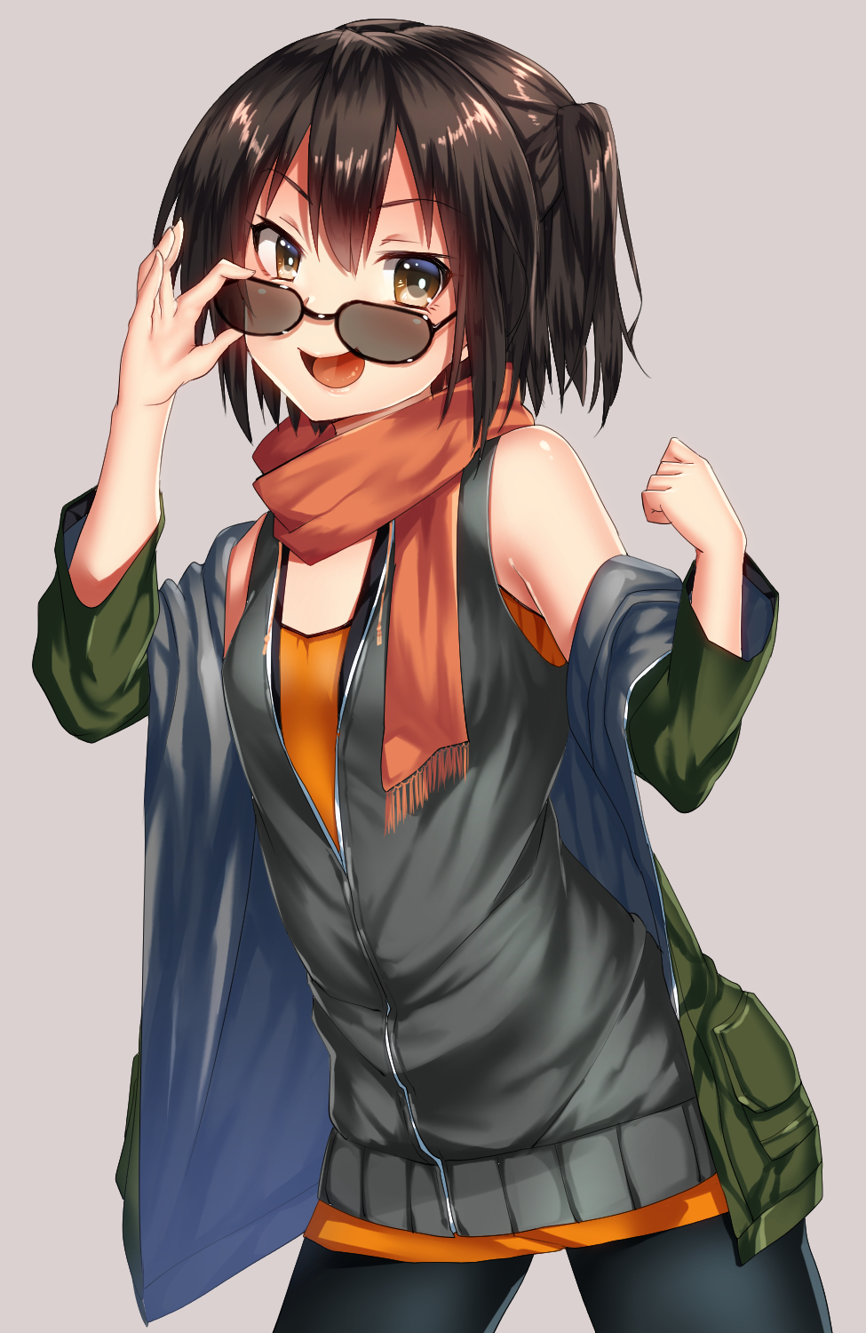 :d alternate_costume black_legwear brown_eyes brown_hair green_jacket grey_background highres jacket kantai_collection keita_(tundereyuina) long_sleeves open_clothes open_jacket open_mouth orange_scarf pantyhose scarf sendai_(kantai_collection) short_hair simple_background smile solo sunglasses two_side_up v-shaped_eyebrows