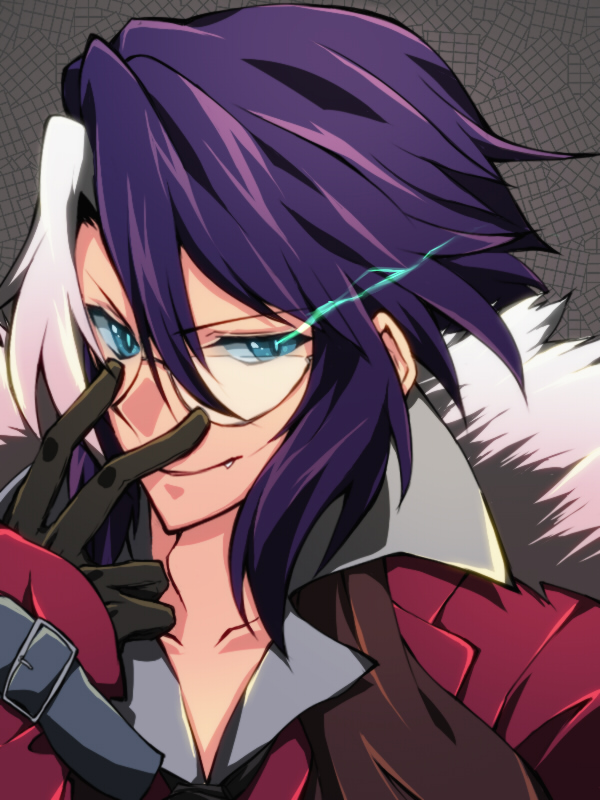 black_hair blue_eyes coat fangs fur_trim itsuka_tenma_no_kuro_usagi kurenai_hinata liht098hue male_focus monocle multicolored_hair smile solo streaked_hair upper_body