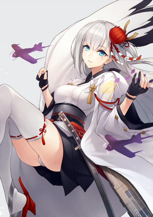 aircraft airplane azur_lane bangs banned_artist black_gloves black_skirt commentary_request eyebrows_visible_through_hair gloves green_eyes grey_background hair_ornament hakama_skirt hands_up japanese_clothes kanzashi kimono knees_up kyoeiki long_hair looking_at_viewer mole mole_under_eye obi parted_lips partly_fingerless_gloves pleated_skirt ribbon-trimmed_legwear ribbon_trim sash shoukaku_(azur_lane) silver_hair simple_background skirt smile solo thighhighs thighs white_kimono white_legwear wide_sleeves