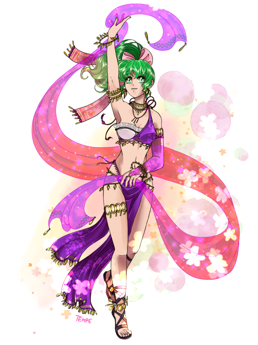 bow dancing fire_emblem fire_emblem:_seisen_no_keifu green_eyes green_hair hair_bow highres leen_(fire_emblem) ponytail sandals silk smile solo tempe