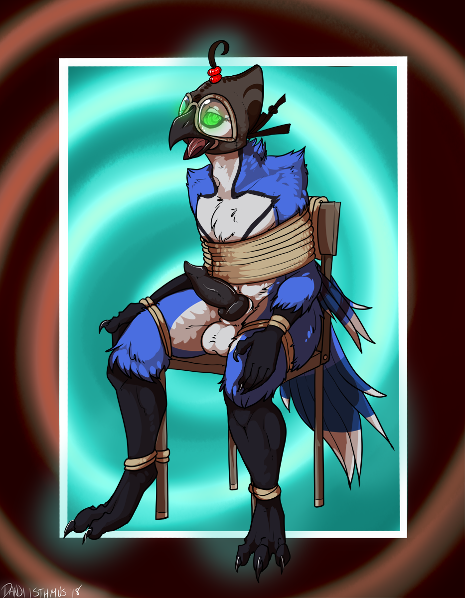 anthro avian bdsm beak bird blue_jay bondage bound corvid danji-isthmus erection feathered_wings feathers hypnosis male mind_control nate_that_army_burd nude open_mouth penis simple_background solo spiral_eyes tail_feathers talons tongue tongue_out winged_arms wings