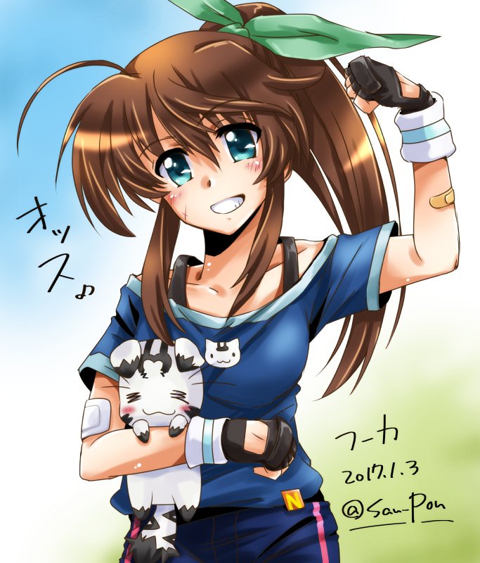 ahoge arm_up bandaid bangs black_gloves blue_eyes blue_shirt blue_shorts brown_hair character_name cowboy_shot dated eyebrows_visible_through_hair fuuka_reventon gloves green_ribbon grin hair_ribbon holding huracan_(vivid_strike!) long_hair looking_at_viewer lyrical_nanoha ponytail print_shirt ribbon san-pon shirt shirt_straps short_sleeves shorts sidelocks single_vertical_stripe smile standing stuffed_animal stuffed_toy twitter_username vivid_strike!