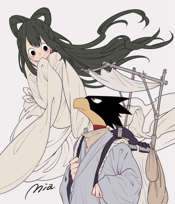 1girl :&gt; alternate_hairstyle animal_head asui_tsuyu bird black_eyes black_hair boku_no_hero_academia chinese_clothes floating floating_hair hair_rings halloween hand_to_own_mouth hands_in_opposite_sleeves hanfu japanese_clothes long_hair low-tied_long_hair mia0309 red_eyes simple_background smile tied_hair tokoyami_fumikage
