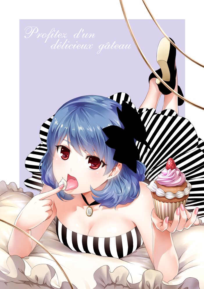 black_bow black_footwear blue_hair blush bow breasts cleavage cupcake domestic_na_kanojo dress food french fruit hair_bow high_heels holding holding_food icing jewelry legs_up licking lying medium_breasts no_socks official_art on_stomach pendant red_eyes sasuga_kei solo strawberry striped tachibana_rui tongue tongue_out vertical-striped_dress vertical_stripes