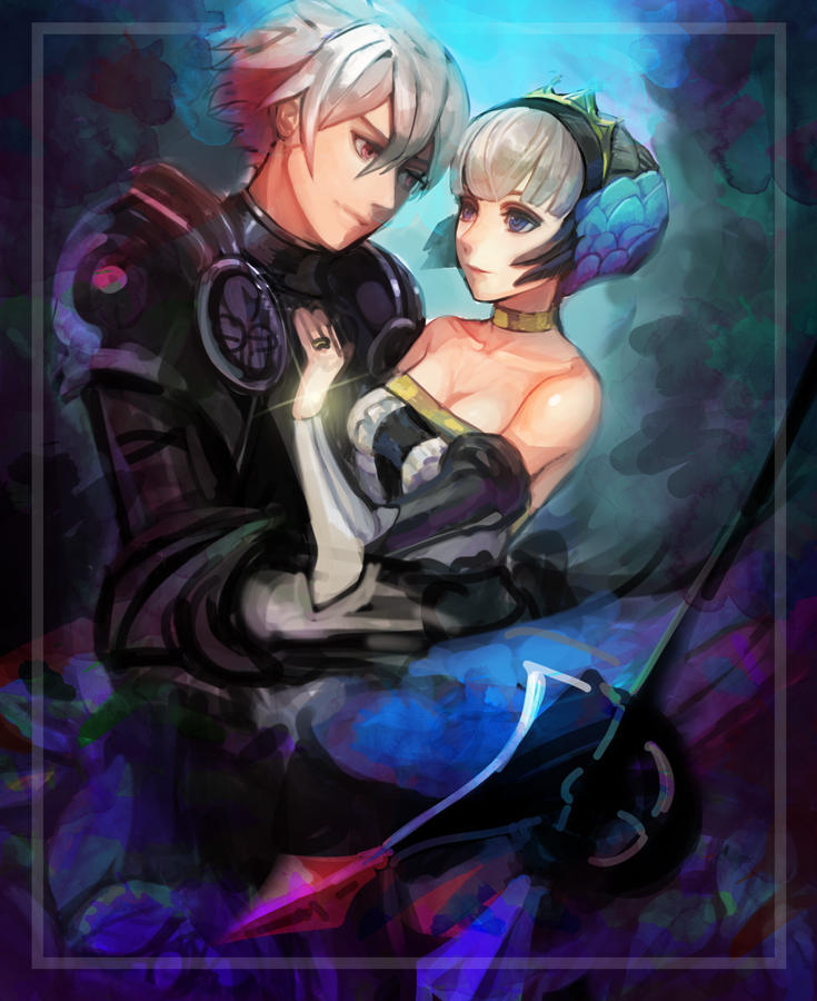 1girl armor bare_shoulders black_armor blue_eyes choker couple eye_contact grey_hair gwendolyn hetero jewelry kokouno_oyazi looking_at_another multicolored multicolored_background odin_sphere oswald_(odin_sphere) pink_eyes ring short_hair sketch tiara upper_body weapon yellow_neckwear