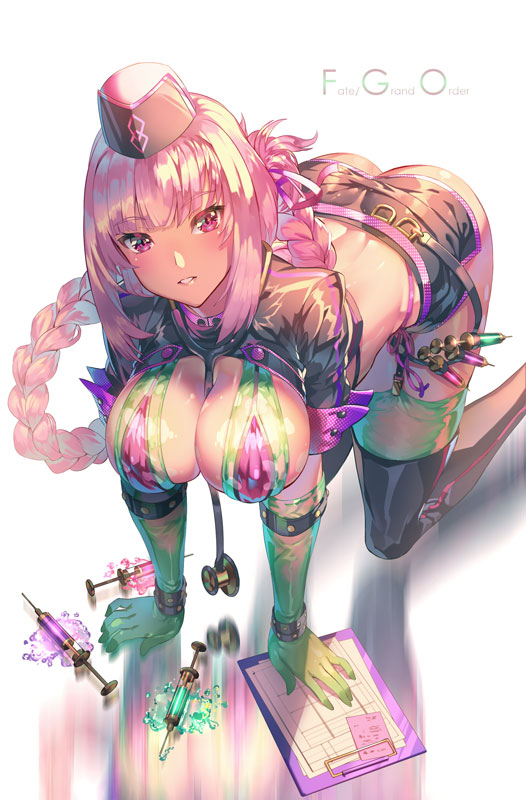 aguy all_fours ass bangs between_breasts bikini black_legwear blush braid breasts cleavage clipboard commentary_request elbow_gloves fate/grand_order fate_(series) florence_nightingale_(fate/grand_order) folded_ponytail garter_straps gloves green_gloves green_legwear hat hips large_breasts layered_bikini long_hair looking_at_viewer midriff parted_lips pink_hair red_eyes short_shorts shorts shrug_(clothing) smile solo stethoscope swimsuit syringe thighhighs trick_or_treatment