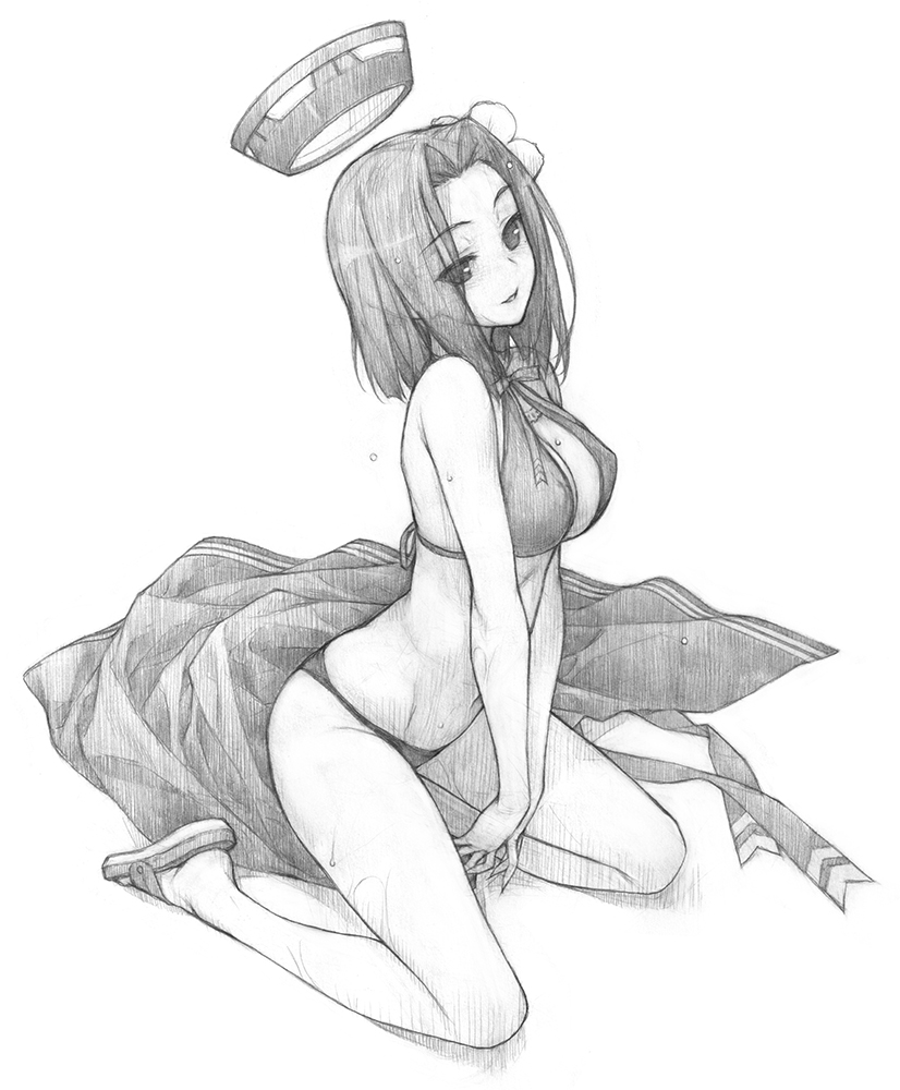 between_legs bikini breasts cleavage commentary_request eyebrows_visible_through_hair eyes_visible_through_hair flower graphite_(medium) greyscale hair_flower hair_ornament halterneck hand_between_legs hashimoto_takashi kantai_collection kneeling large_breasts looking_at_viewer mechanical_halo monochrome parted_lips ribbon sandals sarong sarong_removed simple_background solo striped striped_ribbon swimsuit tatsuta_(kantai_collection) traditional_media tsurime water_drop wet white_background