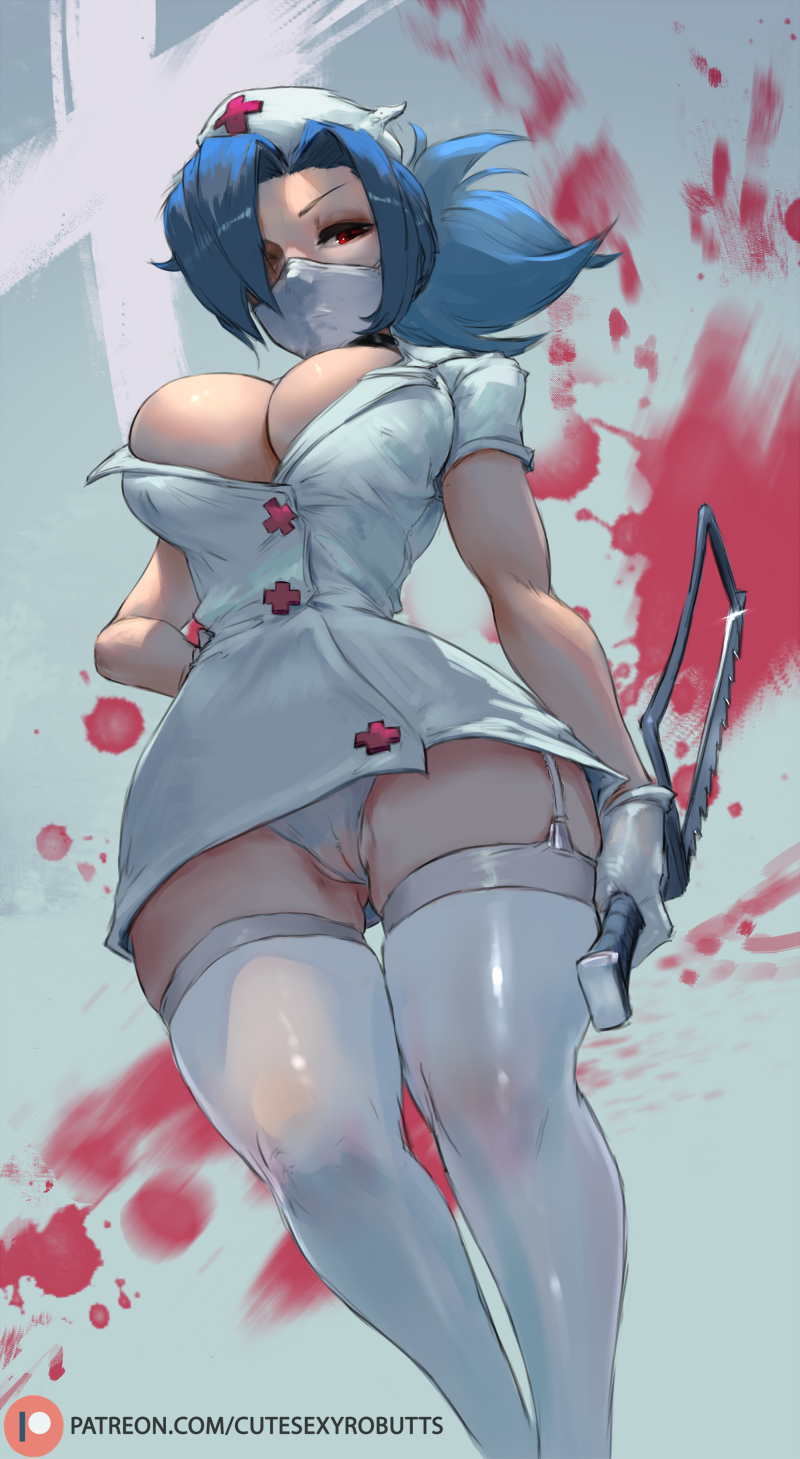 1girl blue_hair bonesaw breasts cleavage cutesexyrobutts eyepatch garter_straps gloves hair_over_one_eye highres large_breasts long_hair looking_at_viewer panties ponytail red_eyes skullgirls solo thighhighs thighs underwear valentine_(skullgirls) white_gloves white_legwear white_panties