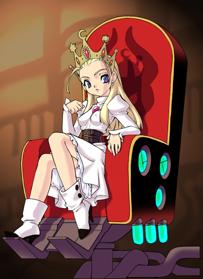ahoge antenna_hair belt blonde_hair blue_eyes boots breasts brooch chair covered_nipples crown cyberbots devilot_de_deathsatan_ix dress forehead full_body glowing hair_slicked_back high_heels jewelry long_hair princess ruuen_rouga shoes sitting small_breasts solo throne turtleneck