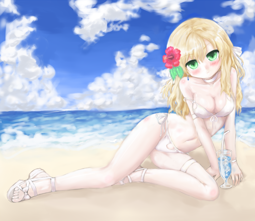 beach bikini blonde_hair choker day drink flower green_eyes hibiscus long_hair lying niwata_senpei off_shoulder on_side original sandals solo swimsuit