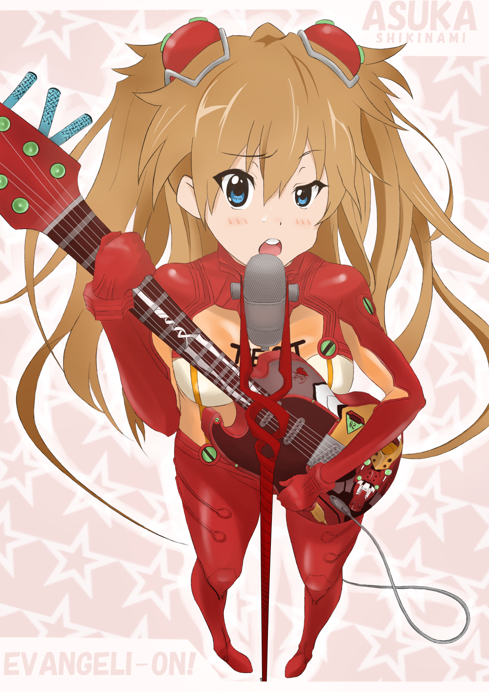 bad_id bad_pixiv_id blue_eyes bodysuit brown_hair eva_02 evangelion:_2.0_you_can_(not)_advance foreshortening guitar highres instrument k-on! lance lance_of_longinus left-handed long_hair microphone microphone_stand multicolored multicolored_bodysuit multicolored_clothes neon_genesis_evangelion nerv objectification open_mouth orange_bodysuit parody plugsuit polearm rebuild_of_evangelion red_bodysuit round_teeth sanomakotodesu shikinami_asuka_langley solo souryuu_asuka_langley spear star teeth test_plugsuit uneven_eyes very_long_hair weapon