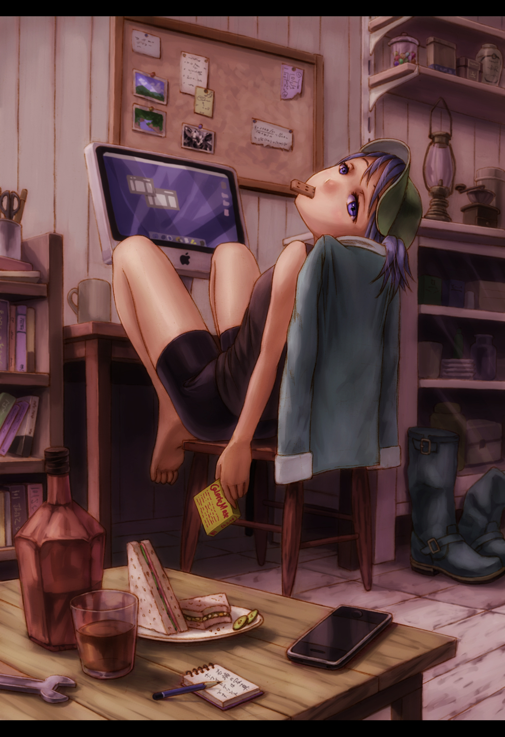 alternate_costume apple_inc. bad_id bad_pixiv_id barefoot bike_shorts blue_eyes blue_hair book boots bottle bulletin_board caloriemate cellphone chair computer contemporary cup drink eating food hat highres iphone kawashiro_nitori kurione_(zassou) lantern legs letterboxed macintosh mouth_hold mug pencil phone photo_(object) product_placement sandwich shelf sitting smartphone solo touhou wrench