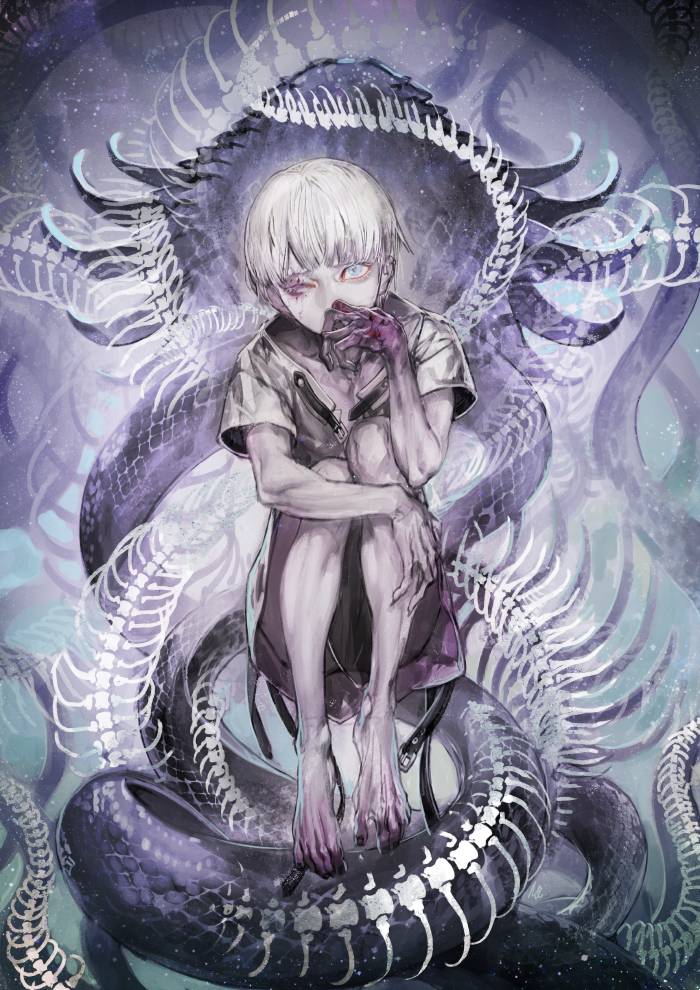 bangs blue_eyes blunt_bangs claws covering_mouth fingernails hand_up horror_(theme) looking_at_viewer male_focus oollnoxlloo sharp_fingernails silver_hair snake solo spine