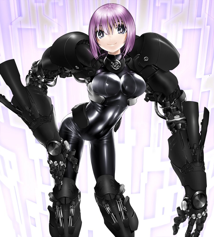 blue_eyes bodysuit breasts commentary_request cyberpunk cyborg hand_on_hip large_breasts long_arms mechanical_arm mechanical_legs metal_akira original pistons purple_hair short_hair smile