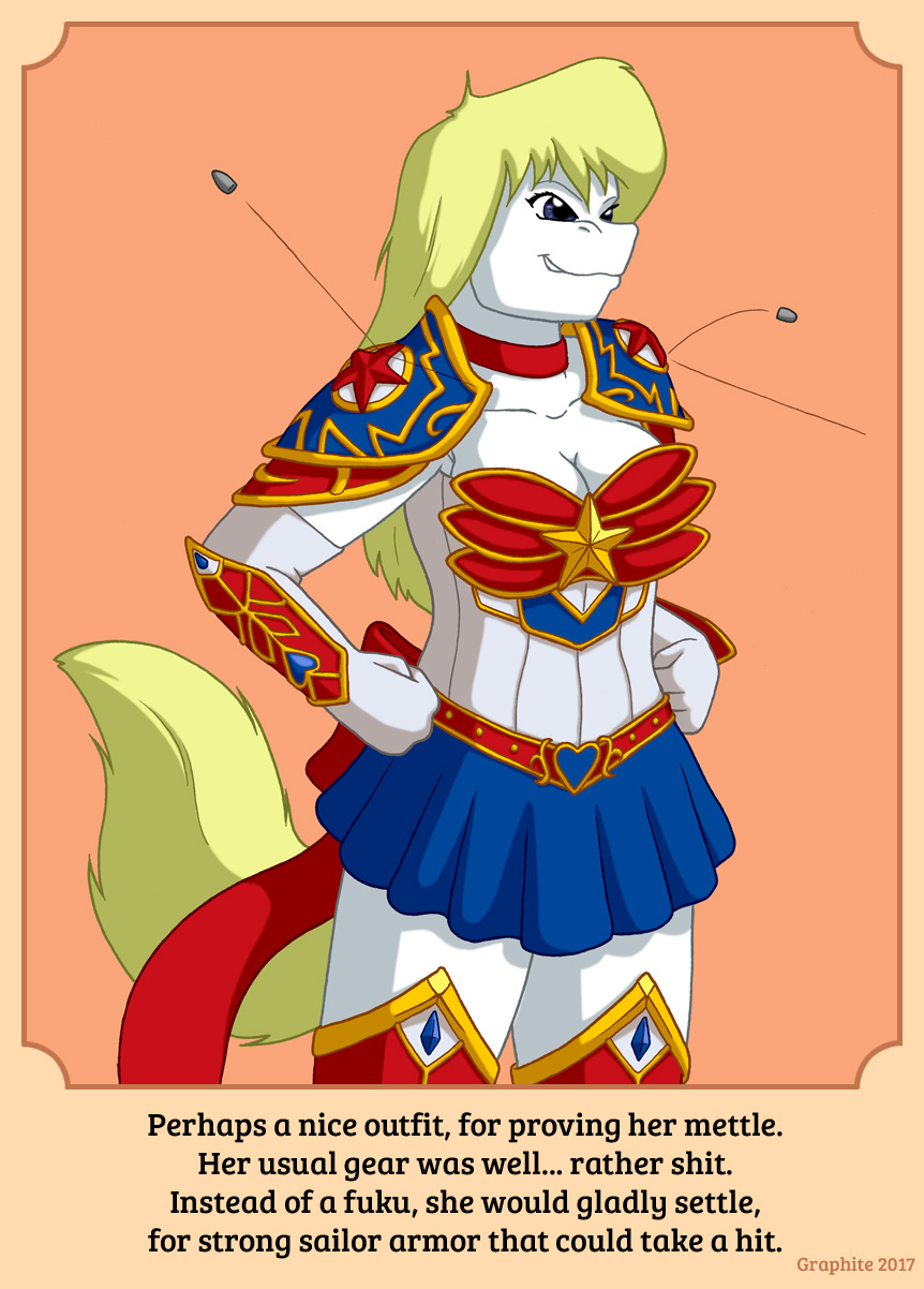 2017 anna_(sailoranna) anthro armor blonde_hair blue_eyes breasts bullet cleavage clothed clothing costume english_text equine female fur graphite_(artist) hair hand_on_hip horse mammal skirt solo superhero text white_fur