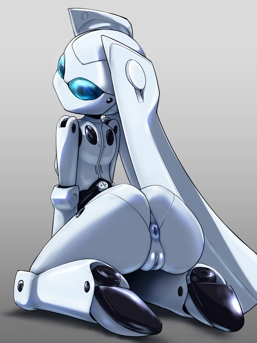 anus ass blue_eyes drossel_von_flugel fireball_(series) from_behind full_body kneeling looking_at_viewer looking_back pochincoff pussy robot robot_joints solo twintails uncensored