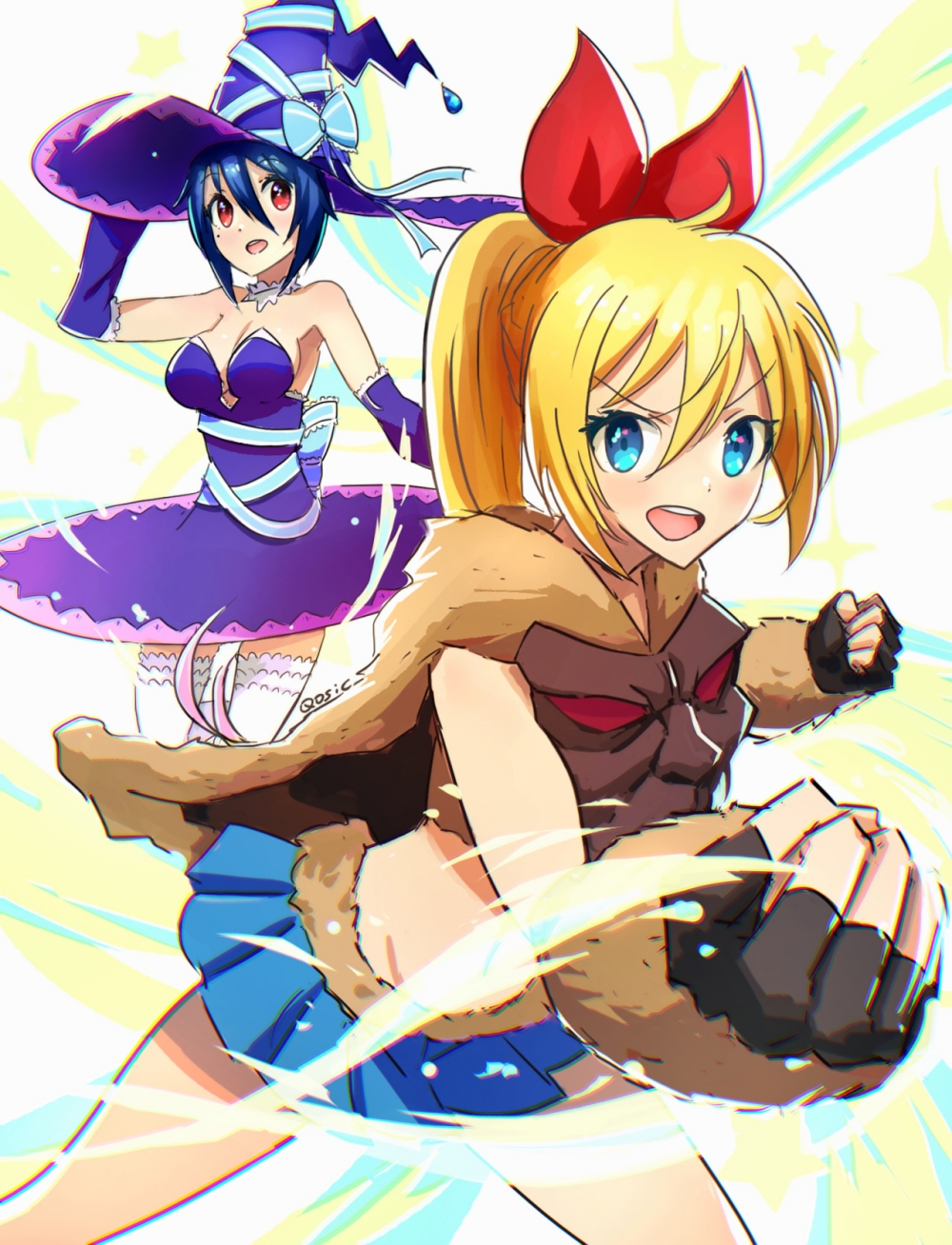 2girls artist_name bare_arms bare_legs bare_shoulders black_gloves blonde_hair blue_dress blue_eyes blue_gloves blue_hair blue_ribbon blue_skirt breasts clenched_hands commentary_request dot_nose dress elbow_gloves feet_out_of_frame fingerless_gloves fur_trim gloves glvoes hair_between_eyes hair_ribbon hat highres kirisaki_chitoge long_hair looking_at_viewer magical_patissier_kosaki-chan medium_breasts miniskirt mole mole_under_eye multiple_girls nisekoi open_mouth qosic red_eyes red_ribbon ribbon short_hair short_sleeves skirt thighhighs tsugumi_seishirou v-shaped_eyebrows white_legwear witch witch_hat