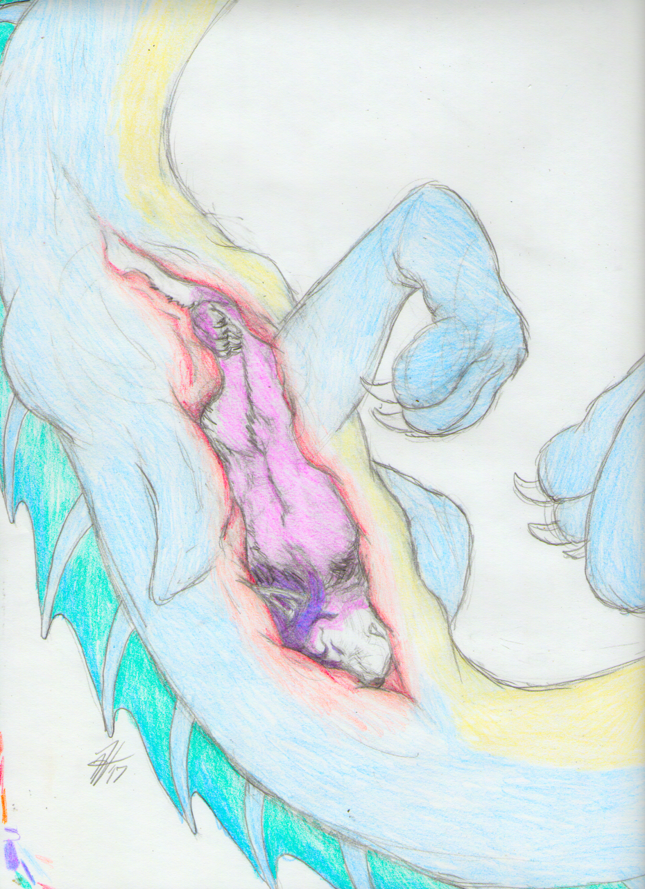 abiga&iuml;l anthro aquatic_dragon blue_scales dragon duo feline female feral fur hi_res internal lynx mammal nude open_mouth oral_vore pink_fur purple_fur scales scalie sereina simple_background size_difference smile swallowing traditional_media_(artwork) vellum vore white_background white_fur yellow_scales