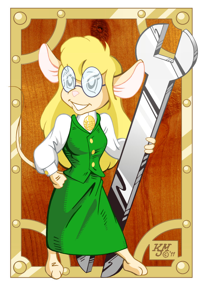 2011 agatha_heterodyne anthro blonde_hair breasts chip_'n_dale_rescue_rangers clothed clothing crossover disney eyewear female gadget_hackwrench girl_genius glasses hair mammal micro mouse pink_nose rodent slickpuppy solo tools wrench