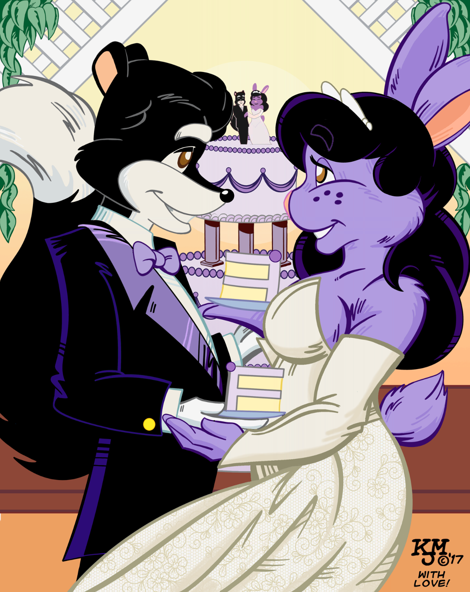 2017 anthro black_fur black_hair black_nose breasts brown_eyes clothed clothing dress duo female freckles fur hair lagomorph mammal pink_nose purple_fur rabbit skunk slickpuppy wedding wedding_cake wedding_dress white_fur witchiebunny_(character)