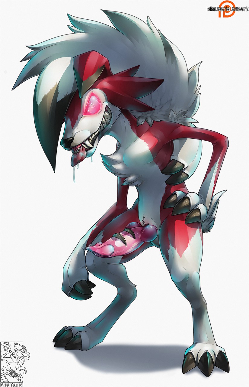 animal_genitalia anthro fur genital_slit knot looking_at_viewer lycanroc male midnight_lycanroc miss-yazriel nintendo penis pok&eacute;mon pok&eacute;mon_(species) red_eyes red_fur slit solo tongue tongue_out unusual_penis video_games white_fur