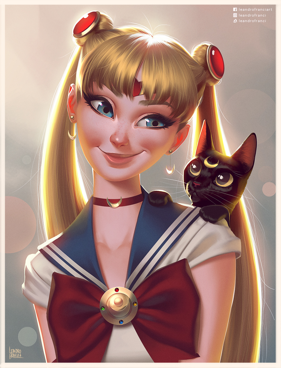 artist_name artstation_username asian backlighting bangs bishoujo_senshi_sailor_moon black_cat blouse blue_eyes blue_sailor_collar bow bowtie cat choker closed_mouth commentary crescent crescent_choker crescent_earrings double_bun earrings english_commentary eyelashes facebook_username forehead_jewel head_tilt highres impossible_earrings instagram_username jewelry leandro_franci lips long_hair looking_to_the_side luna_(sailor_moon) magical_girl nose realistic red_choker red_neckwear sailor_collar sailor_moon sailor_senshi_uniform school_uniform serafuku short_sleeves solo tsukino_usagi upper_body white_blouse