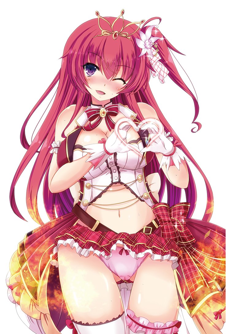 ;d belt bow bow_panties breasts cattleya_(flower_knight_girl) cilfy cleavage cowboy_shot flower flower_knight_girl gloves grey_background hair_flower hair_ornament heart heart_hands large_breasts long_hair looking_at_viewer navel one_eye_closed open_mouth orchid panties pink_panties plaid plaid_bow plaid_skirt purple_eyes red_bow red_hair red_skirt side_ponytail simple_background skirt smile solo thigh_gap thighhighs underwear white_background white_gloves white_legwear