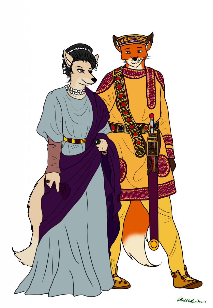 2016 ancient_rome anthro belt canine clothed clothing crown dog duo emperor female footwear fox full-length_portrait hair jewelry looking_at_partner male mammal melee_weapon necklace ohs688 portrait roman romantic_couple royalty shoes simple_background sword tighs toga tunic walking weapon white_background