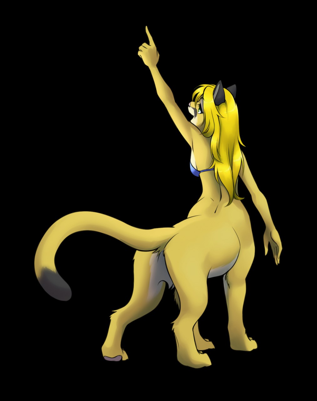 abluedeer black_background blonde_hair bottomless bra breasts chakat chakona_space clothed clothing cougar dipstick_tail feline female fur goldfur hair mammal multicolored_tail open_mouth rear_view simple_background solo taur underwear yellow_fur