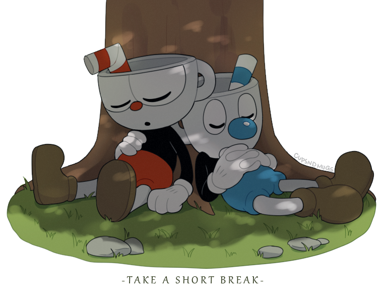 2017 animate_inanimate clothing cuphead_(character) cuphead_(game) cupsndmugs duo english_text eyes_closed footwear gloves grass humanoid male mugman not_furry object_head sibling sleeping text video_games