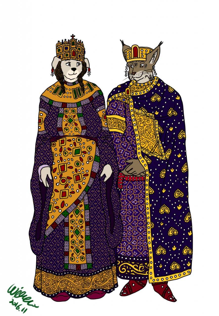 2016 anthro belt boots byzantine canine cloak clothed clothing crown dog duo ear_piercing emperor feline female footwear fox full-length_portrait gem hair jewelry looking_at_partner lynx male mammal medieval ohs688 piercing portrait romantic_couple royalty shoes simple_background smile standing tunic white_background