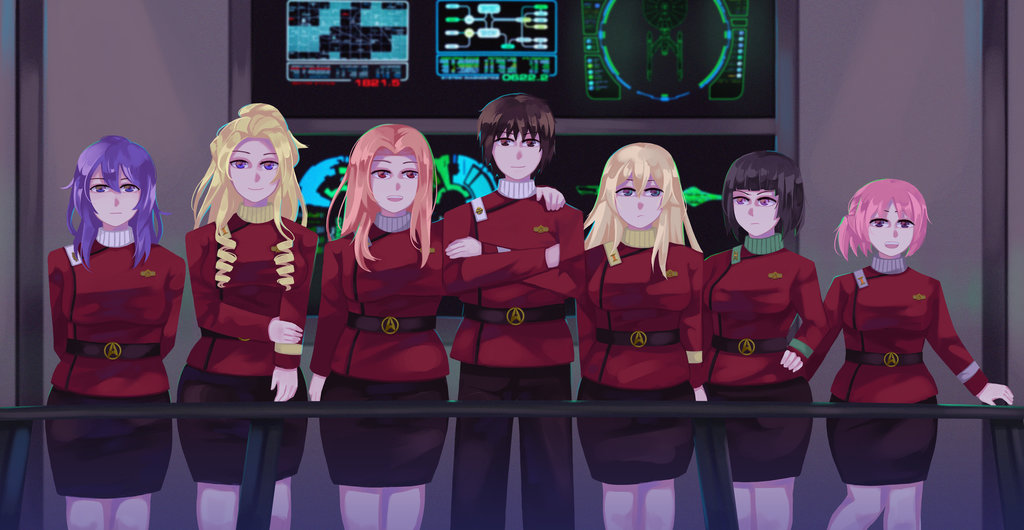 1boy 6girls blonde_hair blue_eyes brown_eyes commission cosplay crossover dark_hair hiiragi_kururu kirishima_aya mankitsu_happening midou_sayaka mitsuki_otona orange_hair oyamada_keiichi purple_eyes purple_hair red_eyes shizui_mayuri simple_illust star_trek star_trek:_the_wrath_of_khan suzukawa_rei teal_eyes uniform