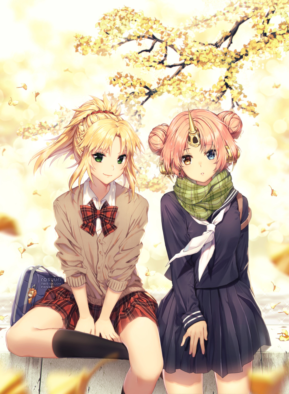 artist_name artoria_pendragon_(all) autumn autumn_leaves bag bag_charm bangs black_legwear black_serafuku blonde_hair blue_eyes blurry bow braid buttons cardigan character_doll charm_(object) day depth_of_field double_bun fate/apocrypha fate_(series) frankenstein's_monster_(fate) ginkgo ginkgo_leaf green_eyes hair_ornament headgear heterochromia highres horn lens_flare long_sleeves looking_at_viewer mordred_(fate) mordred_(fate)_(all) multiple_girls neckerchief outdoors parted_bangs parted_lips pink_hair plaid plaid_neckwear plaid_skirt pleated_skirt ponytail rosuuri saber_lion scarf school_bag school_uniform serafuku short_hair sidelocks sitting skirt sleeves_rolled_up smile socks sparkle standing sunlight tree v_arms white_neckwear wing_collar yellow_eyes