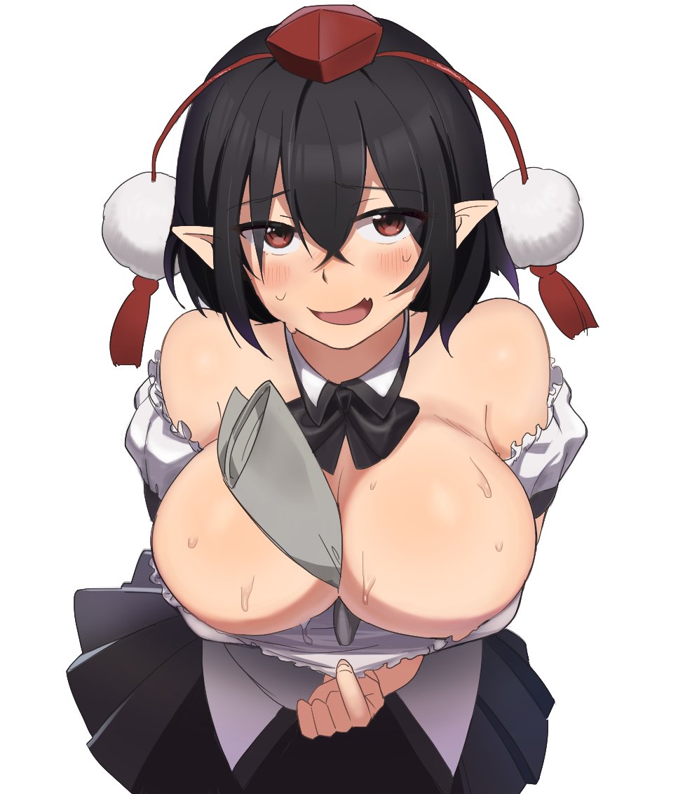 bare_shoulders between_breasts black_hair black_neckwear black_skirt blouse blush bow bowtie breasts brown_eyes detached_collar hair_between_eyes hat large_breasts looking_at_viewer miniskirt newspaper pleated_skirt pointy_ears pom_pom_(clothes) pulled_by_self shameimaru_aya simple_background skirt smile solo sweat tokin_hat touhou toujou_(toujou_ramen) undressing white_background