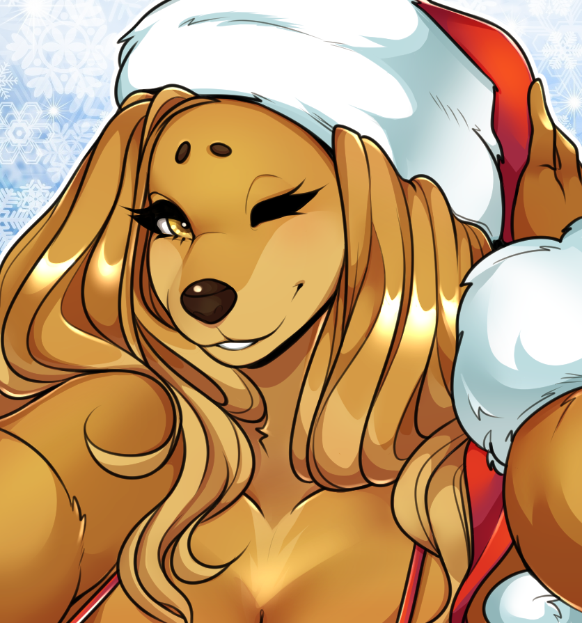 2017 anthro canine cherrikissu christmas dog dogmom female hair hat holidays long_hair looking_at_viewer mammal one_eye_closed saluki santa_hat selfie smile snowflake solo wink yellow_eyes