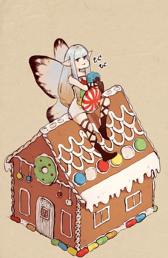 1girl aerie_(bravely_default) bare_shoulders black_gloves bravely_default:_flying_fairy bravely_default_(series) candy dress eating fairy fairy_wings food gingerbread_cookie gingerbread_house gloves green_eyes house jelly_bean jnr.btts long_hair pointy_ears short_dress silver_hair sitting solo strapless strapless_dress thigh_strap white_dress wings