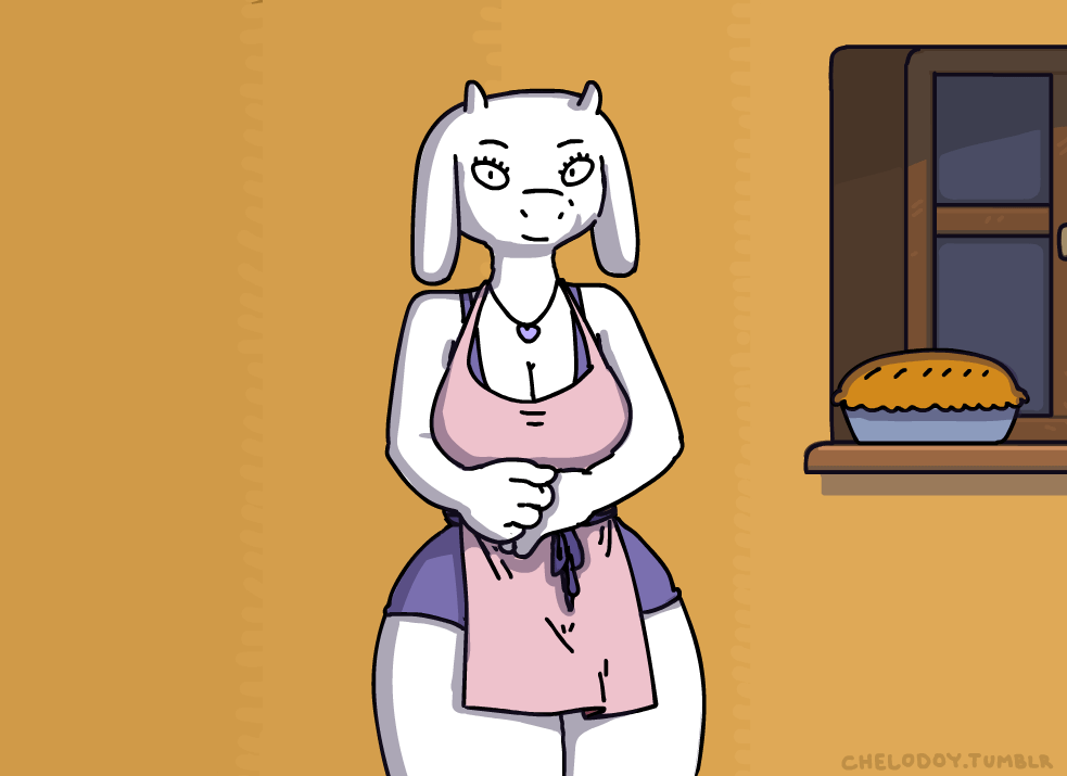 animated anthro breasts caprine chelodoy cleavage clothed clothing female food goat looking_at_viewer mammal pie sniffing thick_thighs toriel undertale video_games