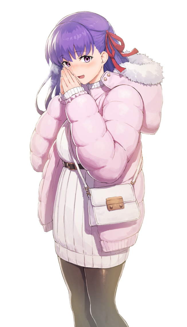 1girl :d bag bangs belt blush breath brown_legwear commentary_request dress fate/stay_night fate_(series) fingernails fur-trimmed_hood fur_trim hair_ribbon handbag hands_together hands_up hood hood_down hooded_jacket jacket long_hair long_sleeves looking_at_viewer matou_sakura open_clothes open_jacket open_mouth own_hands_together pantyhose pink_jacket puffer_jacket purple_eyes purple_hair pyz_(cath_x_tech) red_ribbon ribbed_sweater ribbon shoulder_bag simple_background sleeves_past_wrists smile sweater sweater_dress white_background white_sweater