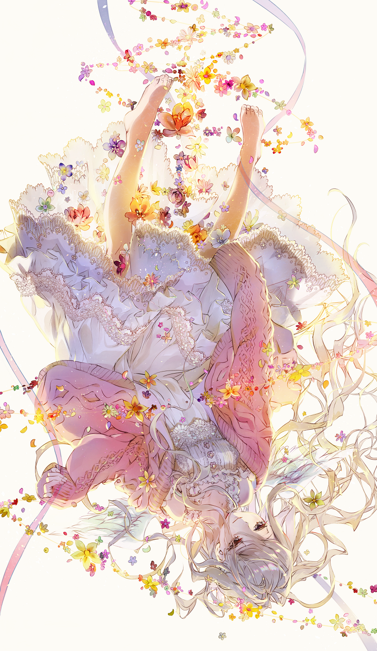 bangs barefoot cardigan closed_mouth commentary_request dress floating_hair flower half-closed_eyes highres light_smile long_hair open_cardigan open_clothes original simple_background smile solo sundress tsukioka_tsukiho upside-down very_long_hair white_background white_dress