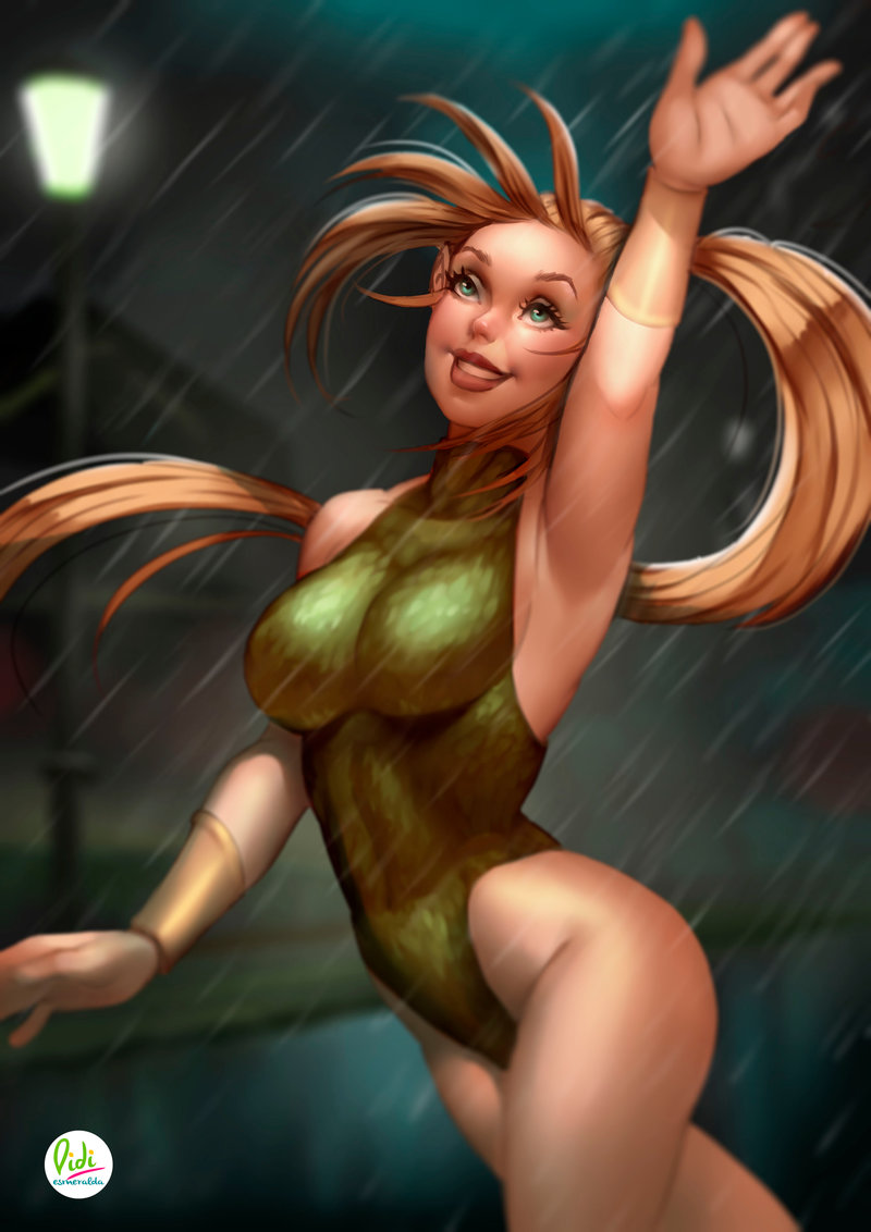 1girl artist_name blonde_hair bodysuit bracelet covered_navel didi_esmeralda green_eyes jewelry long_hair marvel namorita ponytail rain solo teeth upper_body