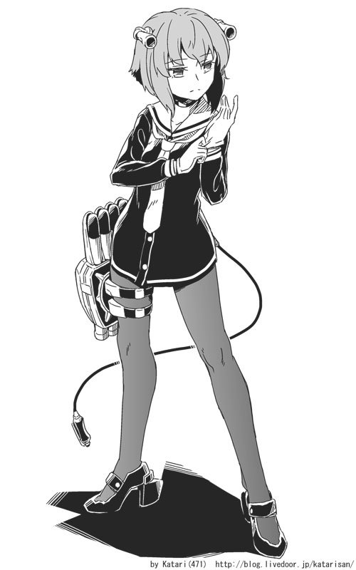 adjusting_clothes adjusting_gloves alternate_costume artist_name buttons cable choker collarbone commentary dress expressionless eyebrows_visible_through_hair full_body gloves greyscale headgear kantai_collection katari_(ropiropi) long_sleeves monochrome neckerchief pantyhose rudder_shoes sailor_collar sailor_dress short_hair solo torpedo_tubes weapon yukikaze_(kantai_collection)