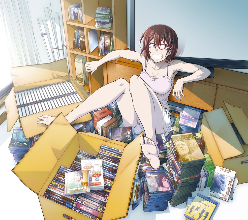 asai_(asumithi) barefoot blu-ray box brown_hair camisole cardboard_box commentary_request dvd_case feet full_body glasses grin hair_ornament hairclip kine-san_no_1-ri_de_cinema kine_machiko looking_at_viewer official_art purple_eyes red-framed_eyewear short_hair short_shorts shorts smile soles solo