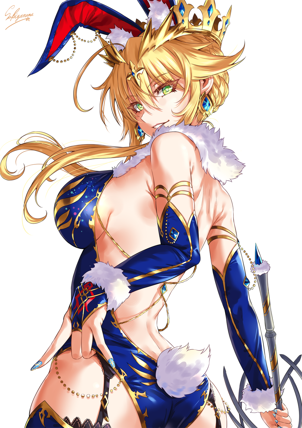 1girl ahoge animal_ears aquamarine_(stone) artoria_pendragon_(all) artoria_pendragon_(lancer) ass bangs bare_shoulders blue_leotard blue_nails blush braid breasts bridal_gauntlets bunny_ears bunny_tail chains commentary_request crown earrings eyebrows_visible_through_hair eyelashes fate/grand_order fate_(series) french_braid fur_collar garter_straps gem glitter glowing gold gold_trim green_eyes grin hair_between_eyes highres hips jewelry lance large_breasts leotard light_particles long_hair looking_at_viewer looking_back nail_polish parted_lips polearm rhongomyniad sakiyamama sideboob sidelocks signature simple_background smile solo tail tsurime weapon white_background wrist_cuffs