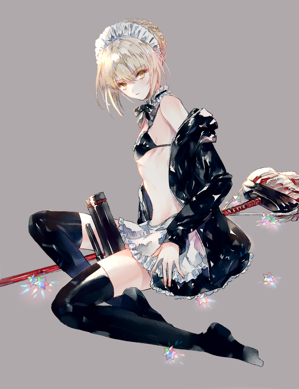 ahma apron artoria_pendragon_(all) artoria_pendragon_(swimsuit_rider_alter) bare_shoulders between_legs bikini blonde_hair eyebrows_visible_through_hair fate/grand_order fate_(series) flat_chest from_side full_body gem grey_background gun handgun highres jacket looking_at_viewer looking_to_the_side maid_apron maid_bikini maid_headdress mop no_shoes off_shoulder open_clothes open_jacket pale_skin pistol simple_background sitting solo swimsuit thighhighs weapon yellow_eyes