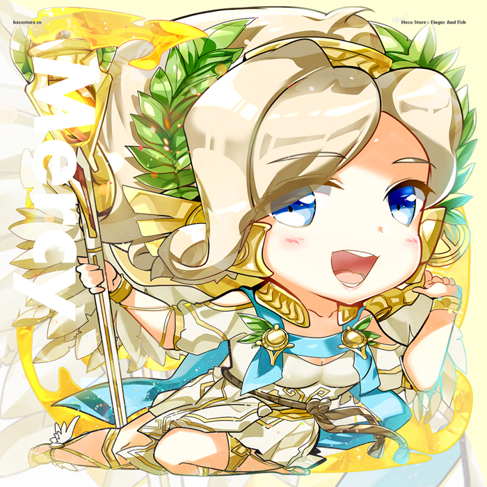 alternate_costume blonde_hair blue_eyes blush breasts chibi cleavage collarbone dress eyes_visible_through_hair feathered_wings full_body head_wreath heco_(mama) high_ponytail laurel_crown looking_at_viewer mechanical_wings medium_breasts mercy_(overwatch) miniskirt open_mouth overwatch pink_lips pleated_skirt sandals short_hair short_sleeves sitting skirt smile solo toga tongue white_dress winged_victory_mercy wings