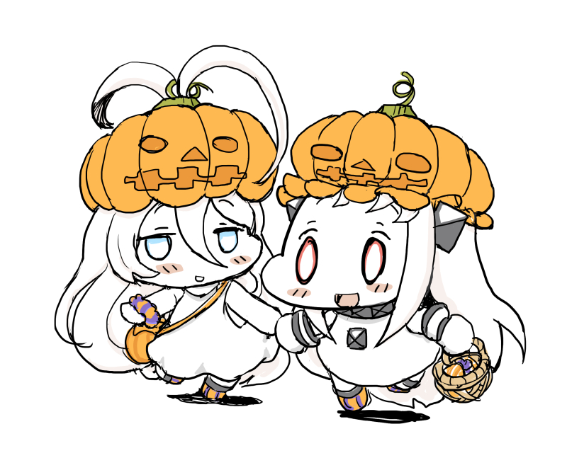 :d ahoge bag baku_taso basket blue_eyes blush_stickers candy chibi commentary_request dress food hair_between_eyes halloween hat holding holding_hands horns jack-o'-lantern kantai_collection long_hair mittens multiple_girls northern_ocean_hime open_mouth pumpkin_hat red_eyes shinkaisei-kan shoulder_bag simple_background smile submarine_new_hime white_dress white_hair white_skin
