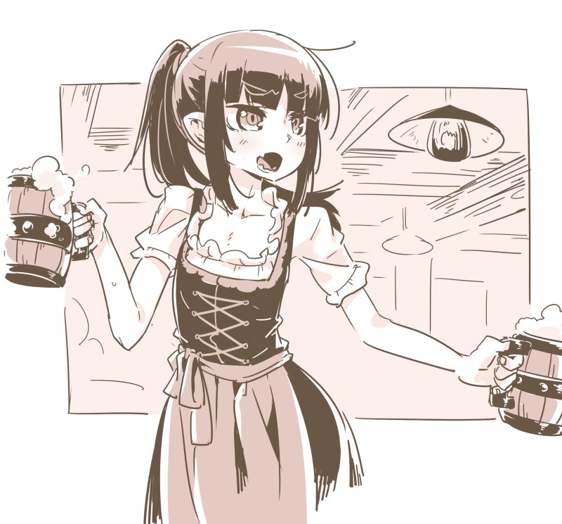 akari_(raigou) alcohol bangs beer beer_mug blunt_bangs ceiling_light collarbone commentary_request cowboy_shot cup dirndl eyebrows_visible_through_hair fang flat_chest frilled_sleeves frills german_clothes girder high_ponytail holding holding_cup indoors long_hair monochrome mug open_mouth original outside_border ponytail raigou sepia sketch solo